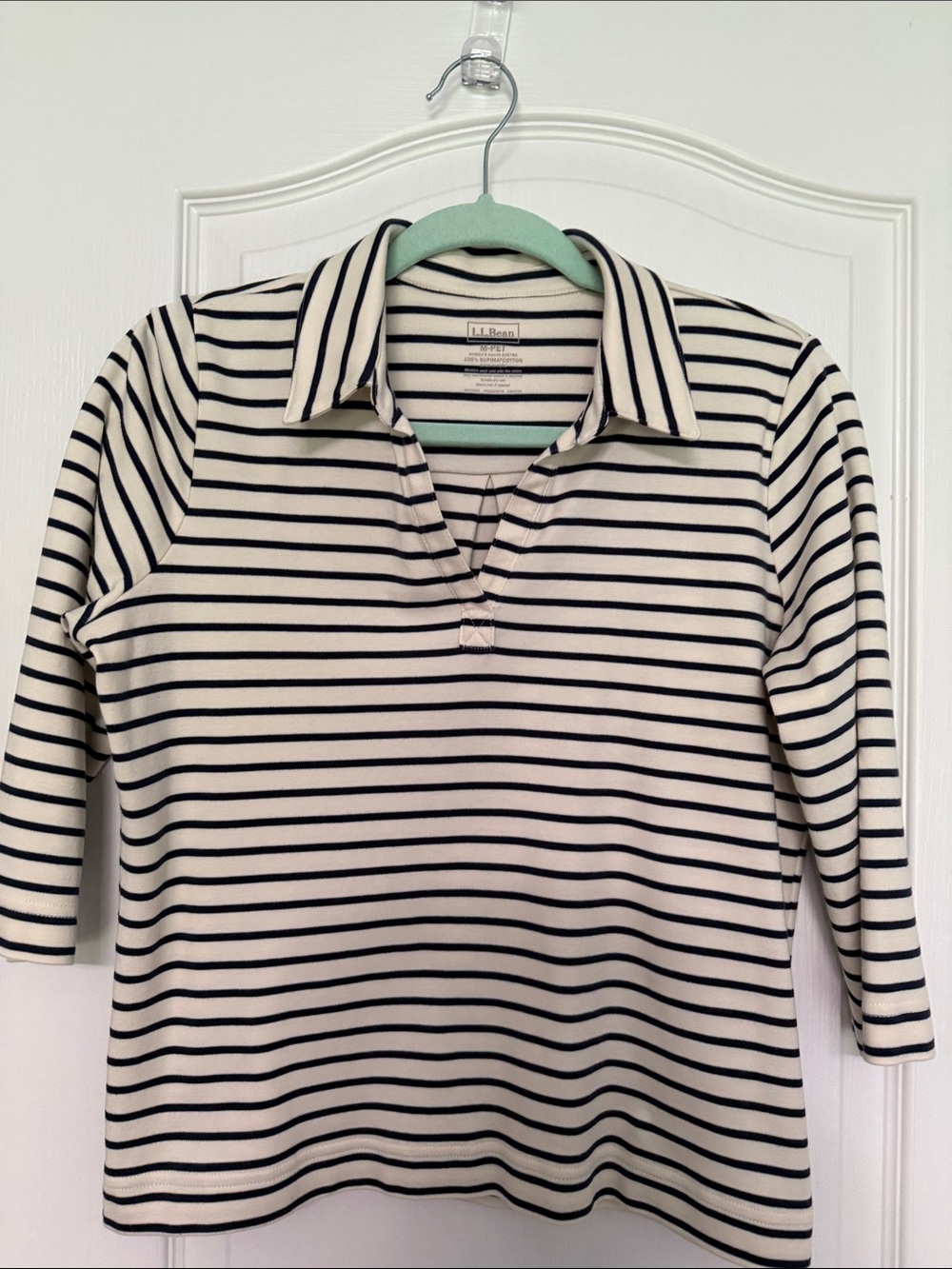 L.L. Bean Navy and Off-White Striped 3/4-Sleeve Polo